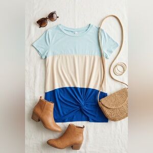 072 Red Lolly Blue & Cream Color Block Twist Front Short Sleeve Top